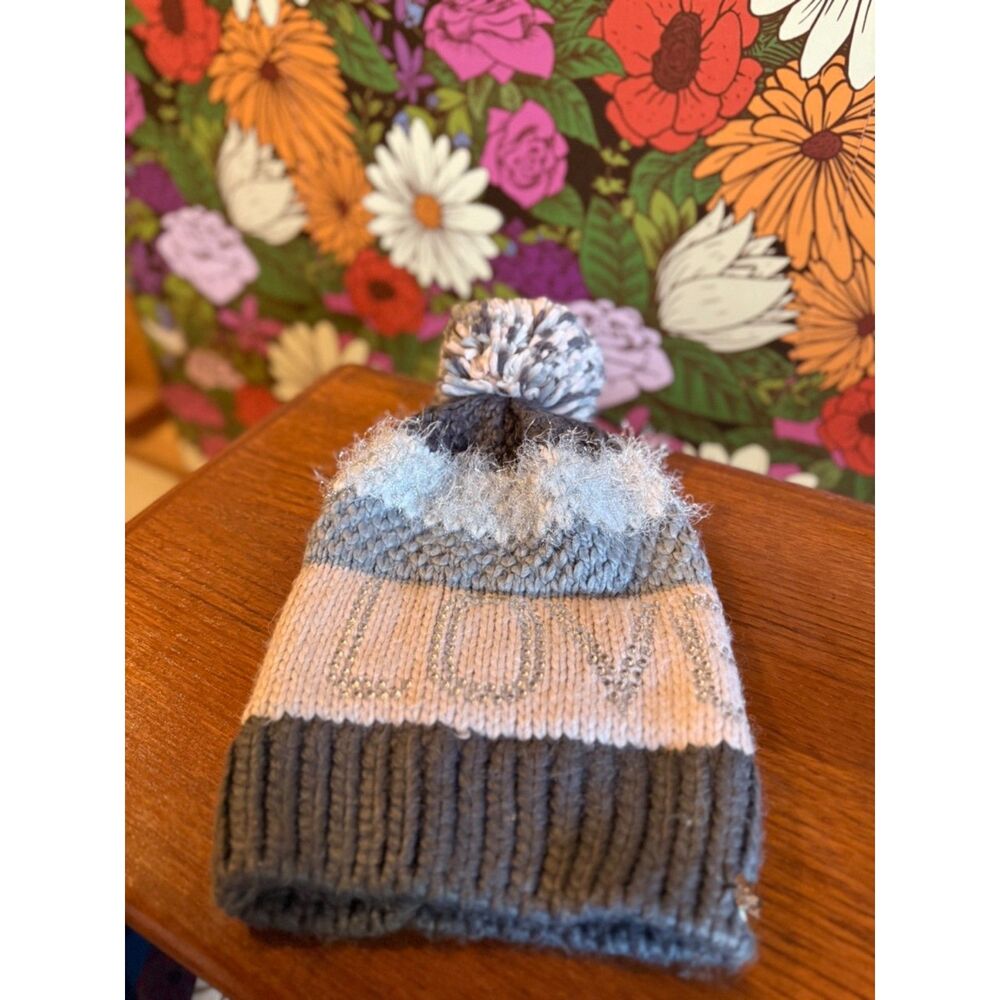 Betsey Johnson LOVE Beanie Pink Gray Sequin Rhinestone Pom Pom Hat